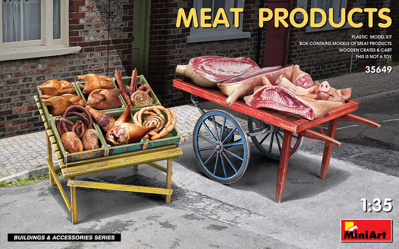 Miniart Meat Products  w/Wooden-Type Crates, Table & Cart