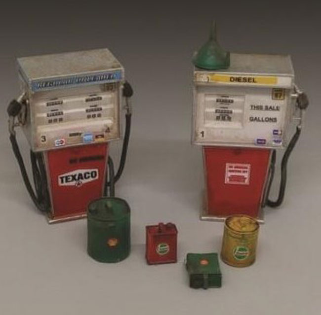 Modern Gas Pumps w/Various Gas Cans