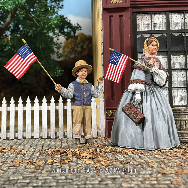 A Patriotic Family Mother and Son Waving Flags Civil War Era