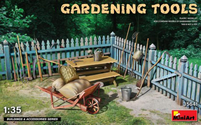 Miniart Gardening Tools w/Wheel Barrow & Table