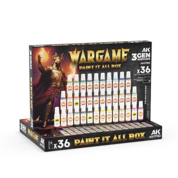 AK Interactive Wargame: Paint It All Box 3G Acrylic Set (36 Colors) 17ml Bottles w/Brushes & Mat