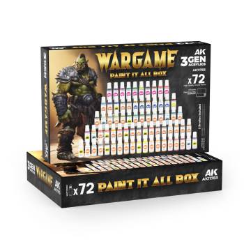 AK Interactive Wargame: Paint It All Box 3G Acrylic Set (72 Colors) 17ml Bottles w/Brushes & Mat