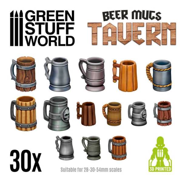 Green Stuff World 3D Printed Set - Beer Mugs - Tavern