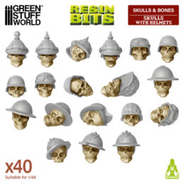 Green Stuff World 3D Printed Set - Skulls with Helmets 1:48