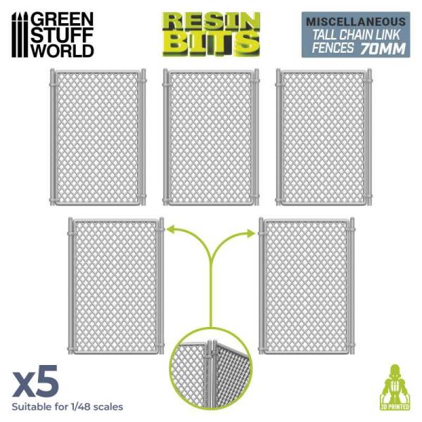 Green Stuff World 3D Printed Set -Chain Link Fences 70mm