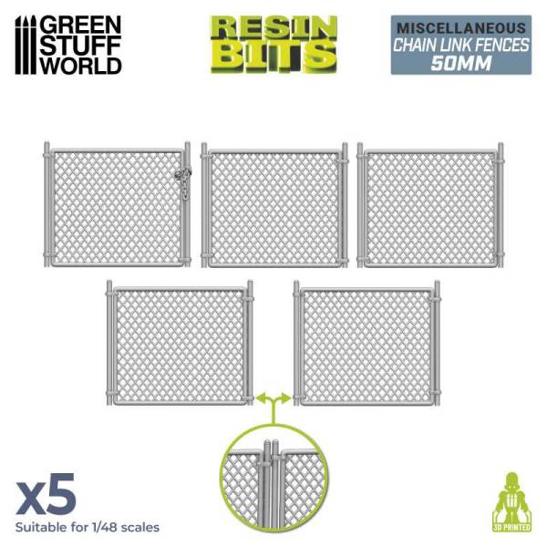 Green Stuff World 3D Printed Set - Chain Link Fences 50mm