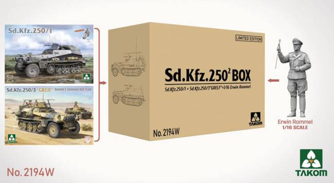 Takom German Half Track Box (Sd.Kfz.250/1 + Sd.Kfz.250/3 Greif + 1/16 Erwin Rommel Figure)