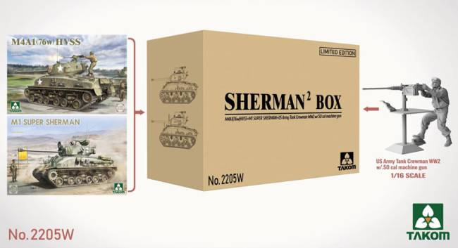 Takom Sherman2 Big Box (2 kits + 1/16 US Army Tank Crewman Figure)
