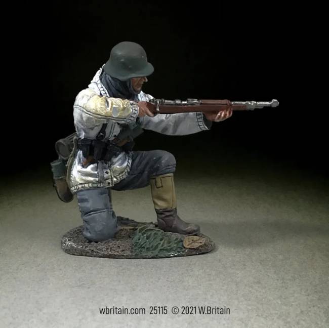 WW2: German Grenadier Kneeling in White Parka, Firing 98k, 1943-45