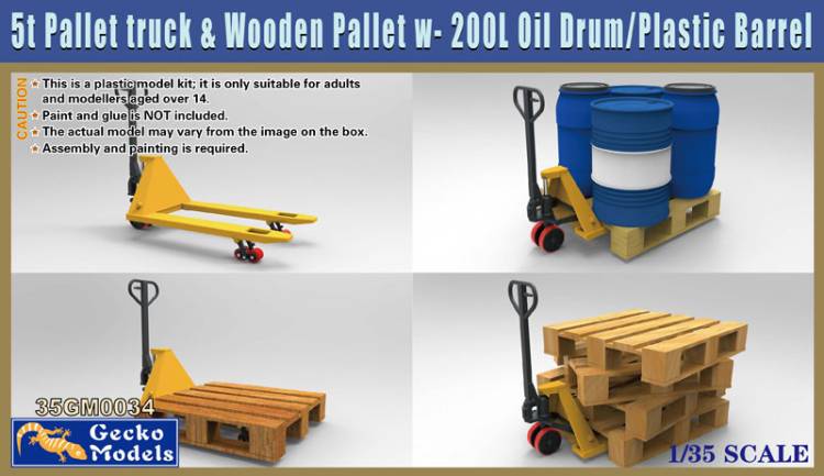 Gecko 5t Pallet truck & Wooden Pallet w/ 200L Oil Drum/Plastic Barrel