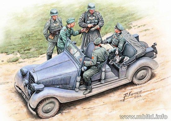 WWII German Military Car with5 Figures and a Dog