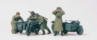 German Reich Motorcycle Crew Pushing Motorcycle w/Sidecars