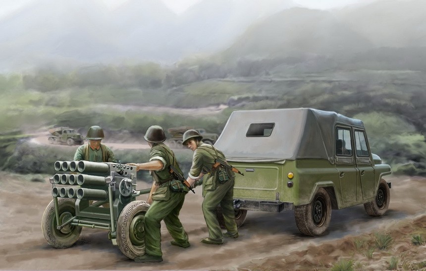 Cold War Chinese PLA Type 63 107mm Rocket Launcher & BJ212 Military Jeep
