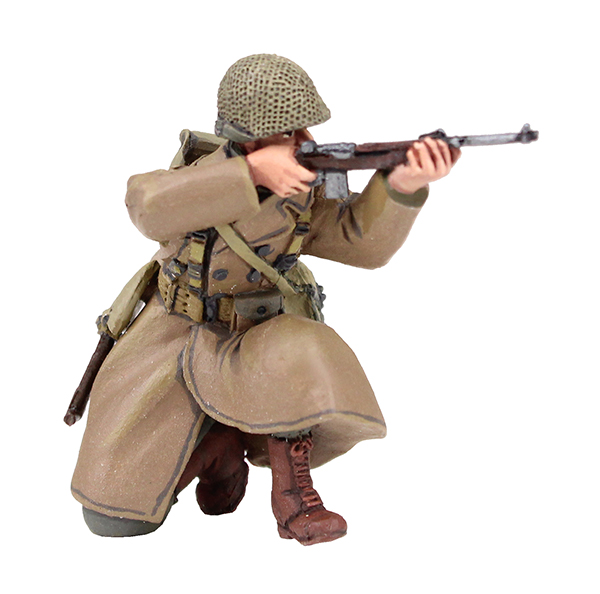 U.S. 101st Airborne Infantry Wearing Overcoat Kneeling Firing Carbine, Winter 1944-45