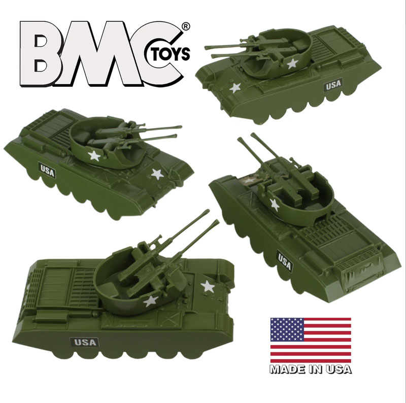 BMC Classic Payton Anti-Aircraft Tanks - 4pc OD Green Plastic Army Men Vehicles