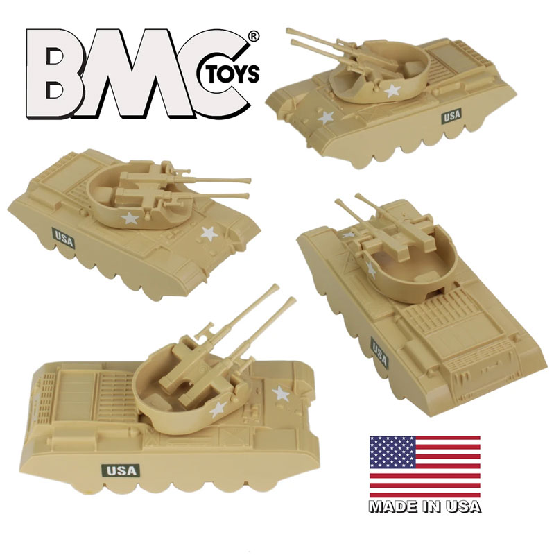 BMC Classic Payton Anti-Aircraft Tanks - 4pc Tan Plastic Army Men Vehicles