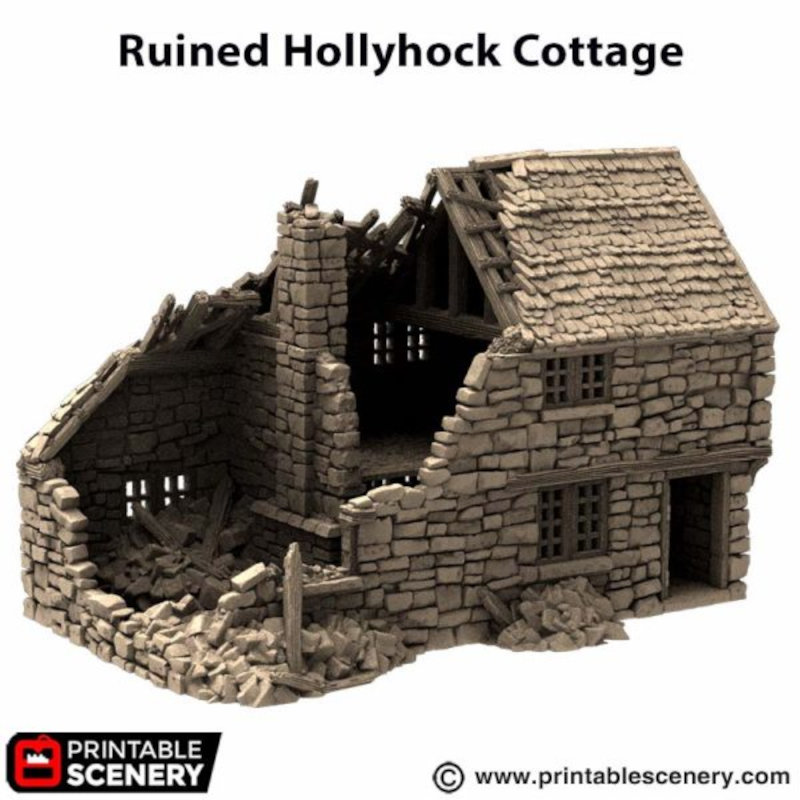 Ruined Hollyhock Cottage - King and Country - Printable Scenery