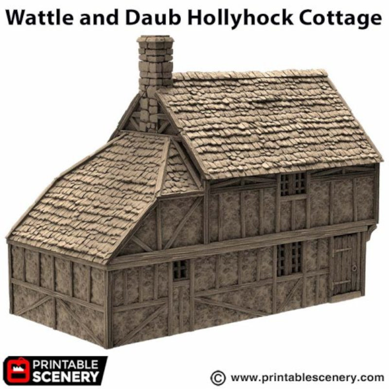 Wattle and Daub Hollyhock Cottage - King and Country - Printable Scenery