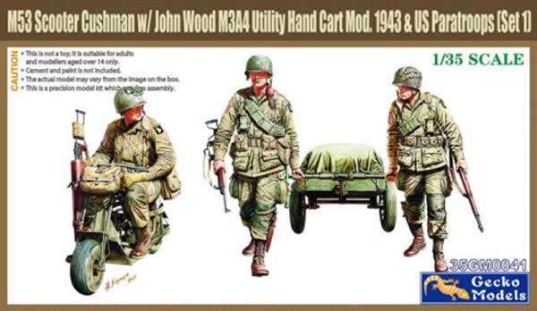 M53 Scooter Cushman with John wood M3A4 Utility Hand Cart Mod 1943 & 3 US Paratroopers