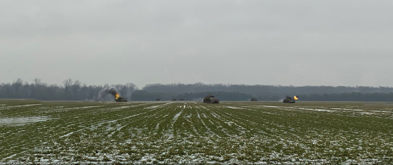 Armored Spearhead, WWII Sherman Tanks Advancing Across Winter Field