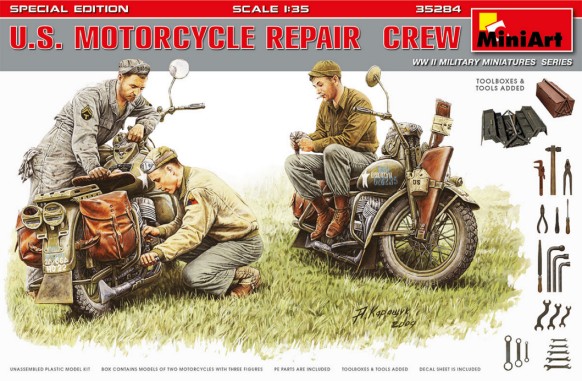 WWII US Motorcycle Repair Crew (3) w/2 Motorcycles, Tools & Boxes