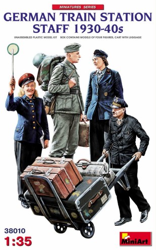 German Train Station Staff 1930-40s (4) & Cart w/Luggage