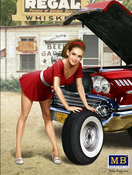 A Short Stop - Pin-Up Girl Posing as Fixing Tire or Leaning on Car