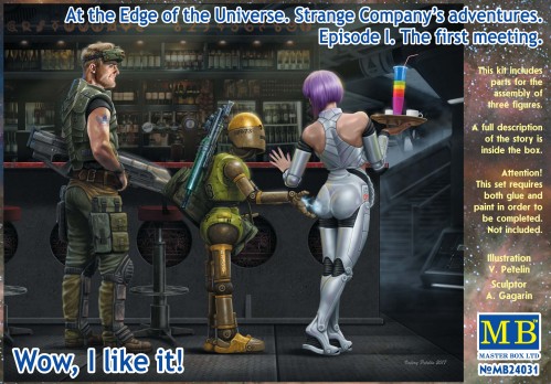 At the Edge of the Universe: Space Mercenary w/Heavy Gun, Robot & Android Waitress Holding tray/drinks