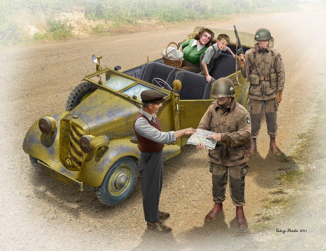 Hitch on the Road, German Army 170VK Car w/2 US Paratroopers, 3 Civilians