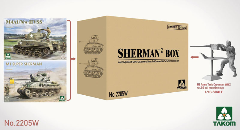 Takom Sherman2 Big Box (2 kits + 1/16 US Army Tank Crewman Figure)