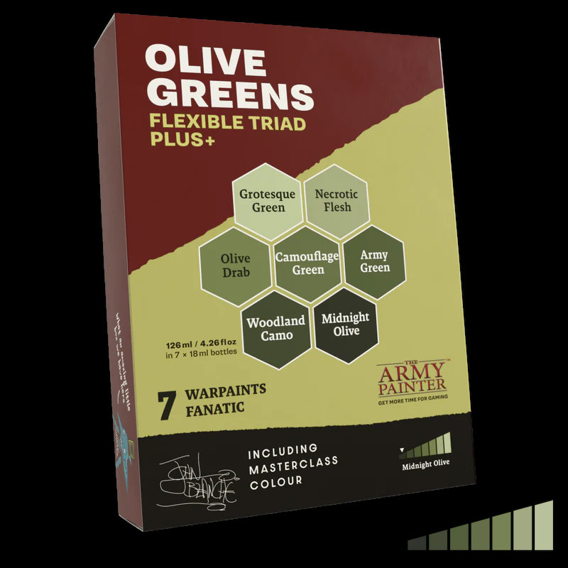 Army Painter Warpaints Fanatic: Olive Greens Flexible Triad Plus+ Acrylic Paint Set (7 Colors) 18ml Bottles