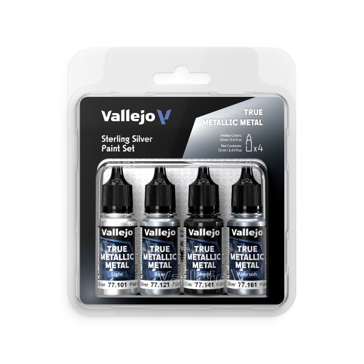 Vallejo Sterling Silver True Metallic Metal Paint Set (4 Colors)