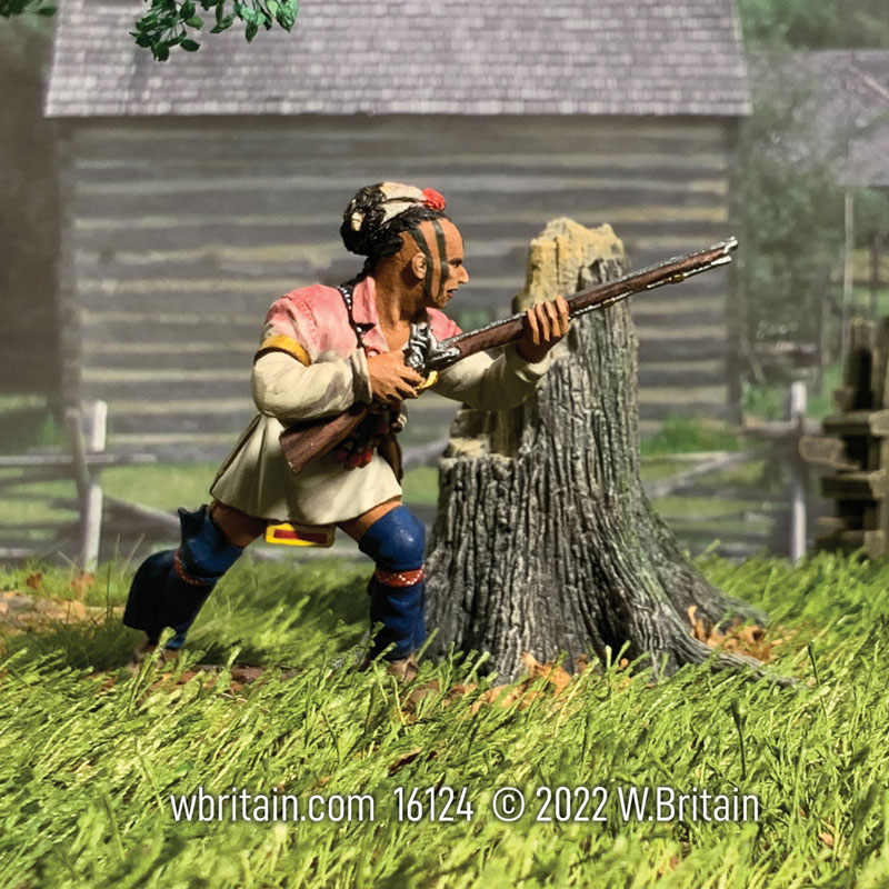 Native American Warrior Getting Ready to Fire from Behind a Tree Stump
