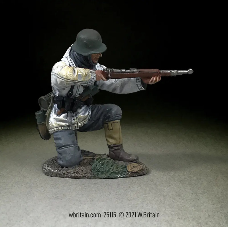 WW2: German Grenadier Kneeling in White Parka, Firing 98k, 1943-45