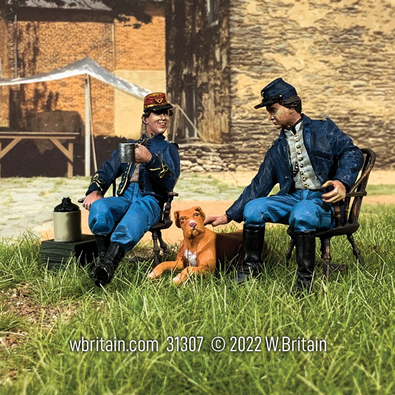 Good Friends and Good Conversation - Two Seated Union Officers with Dog