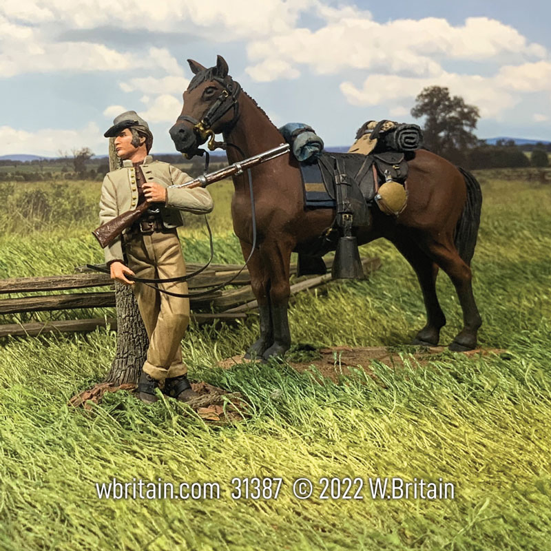 Dismounted Confederate Cavalryman Resting with Mount