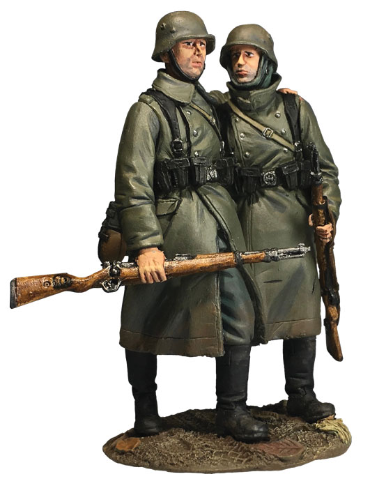 German Helping Wounded Comrade in Greatcoat