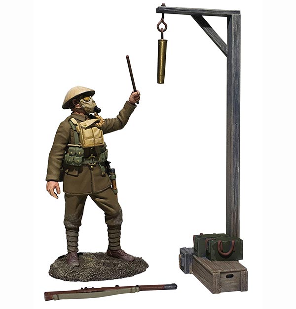 Gas Alarm - WWI British Soldier with Gas Mask Sounding Alarm 1917-18